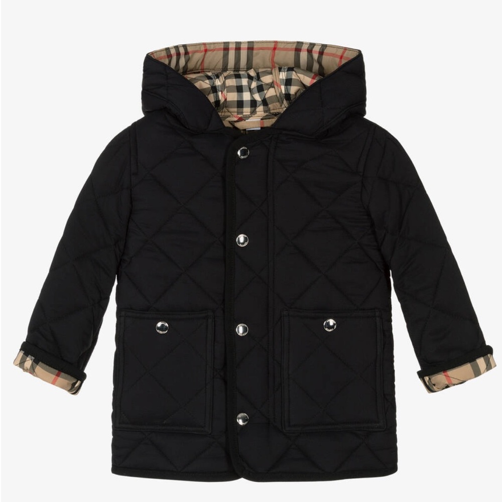 Black Quilted Hooded Jacket with Plaid Lining